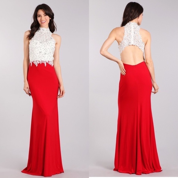 NEW! My Fashion 1666 Red & White Lace Top Halter - Picture 1 of 7